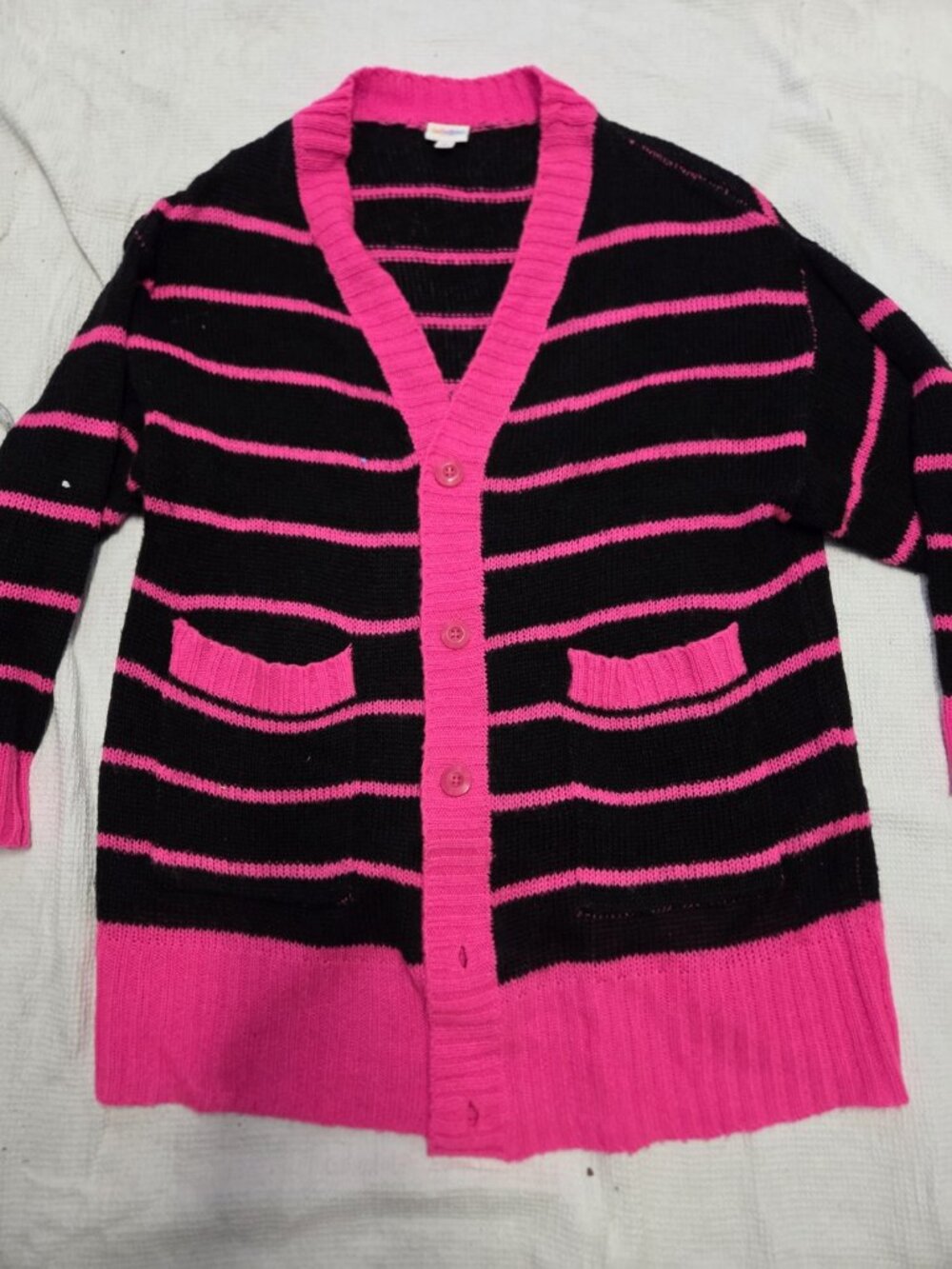 Lularoe Striped Large Lucille Cardigan Button L Hot Pink & Black UNICORN